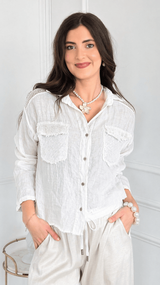 Luxe Linen Sequin Pocket Italian Button Top- White