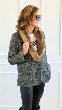 Luxe Tweed Italian Fur Jacket-160 Jackets-AZUL MONACO-Coastal Bloom Boutique, find the trendiest versions of the popular styles and looks Located in Indialantic, FL