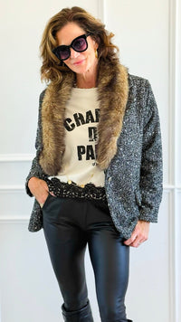 Luxe Tweed Italian Fur Jacket-160 Jackets-AZUL MONACO-Coastal Bloom Boutique, find the trendiest versions of the popular styles and looks Located in Indialantic, FL