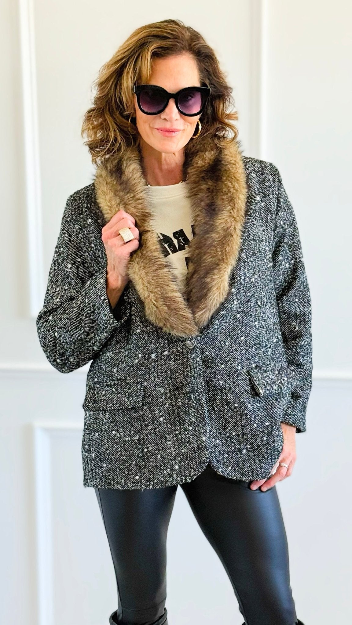 Luxe Tweed Italian Fur Jacket-160 Jackets-AZUL MONACO-Coastal Bloom Boutique, find the trendiest versions of the popular styles and looks Located in Indialantic, FL