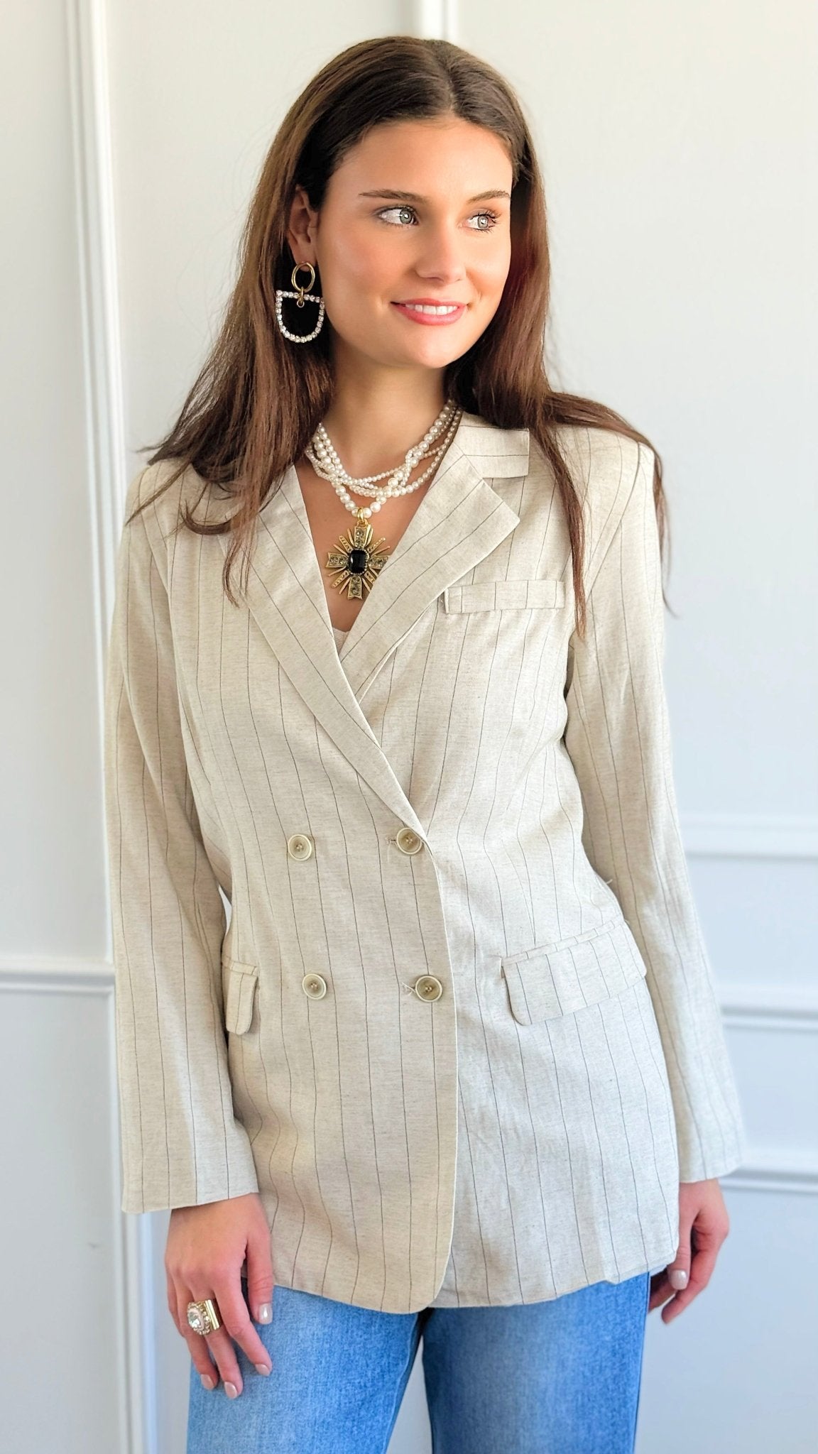 Manhattan Pinstripe Double-Breasted Blazer - Sand-160 Jackets-mystree-Coastal Bloom Boutique, find the trendiest versions of the popular styles and looks Located in Indialantic, FL