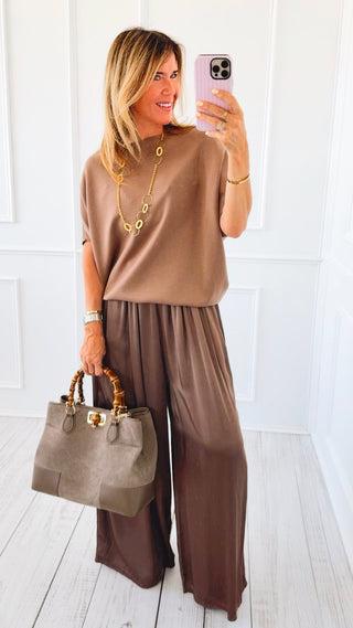 Margo Short Sleeve Scuba Boatneck Top - Dark Taupe