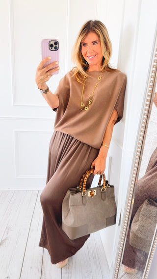 Margo Short Sleeve Scuba Boatneck Top - Dark Taupe