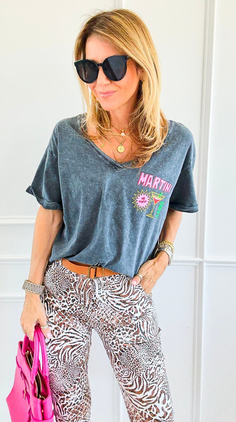 Martini All Night V-Neck Italian Graphic Tee-110 Short Sleeve Tops-FIRSTAGE-Coastal Bloom Boutique, find the trendiest versions of the popular styles and looks Located in Indialantic, FL