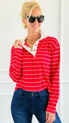 Match Point Striped Polo Shirt - Red-110 Long Sleeve Tops-Active Basic-Coastal Bloom Boutique, find the trendiest versions of the popular styles and looks Located in Indialantic, FL