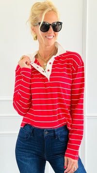 Match Point Striped Polo Shirt - Red-110 Long Sleeve Tops-Active Basic-Coastal Bloom Boutique, find the trendiest versions of the popular styles and looks Located in Indialantic, FL