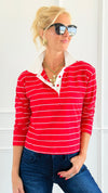 Match Point Striped Polo Shirt - Red-110 Long Sleeve Tops-Active Basic-Coastal Bloom Boutique, find the trendiest versions of the popular styles and looks Located in Indialantic, FL