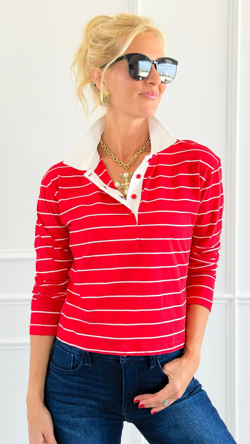 Match Point Striped Polo Shirt - Red-110 Long Sleeve Tops-Active Basic-Coastal Bloom Boutique, find the trendiest versions of the popular styles and looks Located in Indialantic, FL