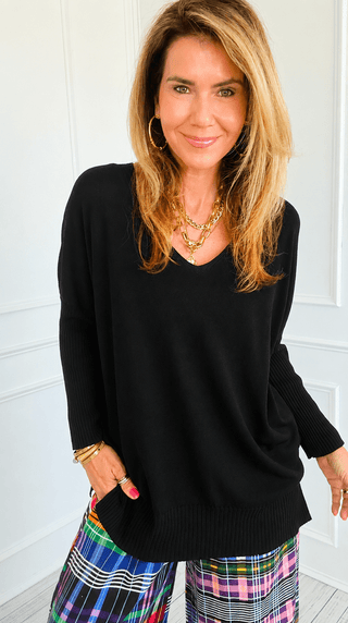 Max Coastal Evening V- Neck Italian Knit Top- Black