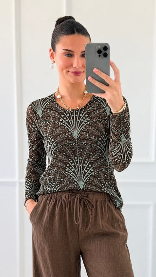 Metallic Botanical Burnout Velvet Top - Olive
