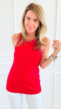 Metallic Foil Detailed Ribbed Italian Tank - Red/ Silver-100 Sleeveless Tops-Italianissimo-Coastal Bloom Boutique, find the trendiest versions of the popular styles and looks Located in Indialantic, FL