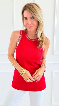 Metallic Foil Detailed Ribbed Italian Tank - Red/ Silver-100 Sleeveless Tops-Italianissimo-Coastal Bloom Boutique, find the trendiest versions of the popular styles and looks Located in Indialantic, FL