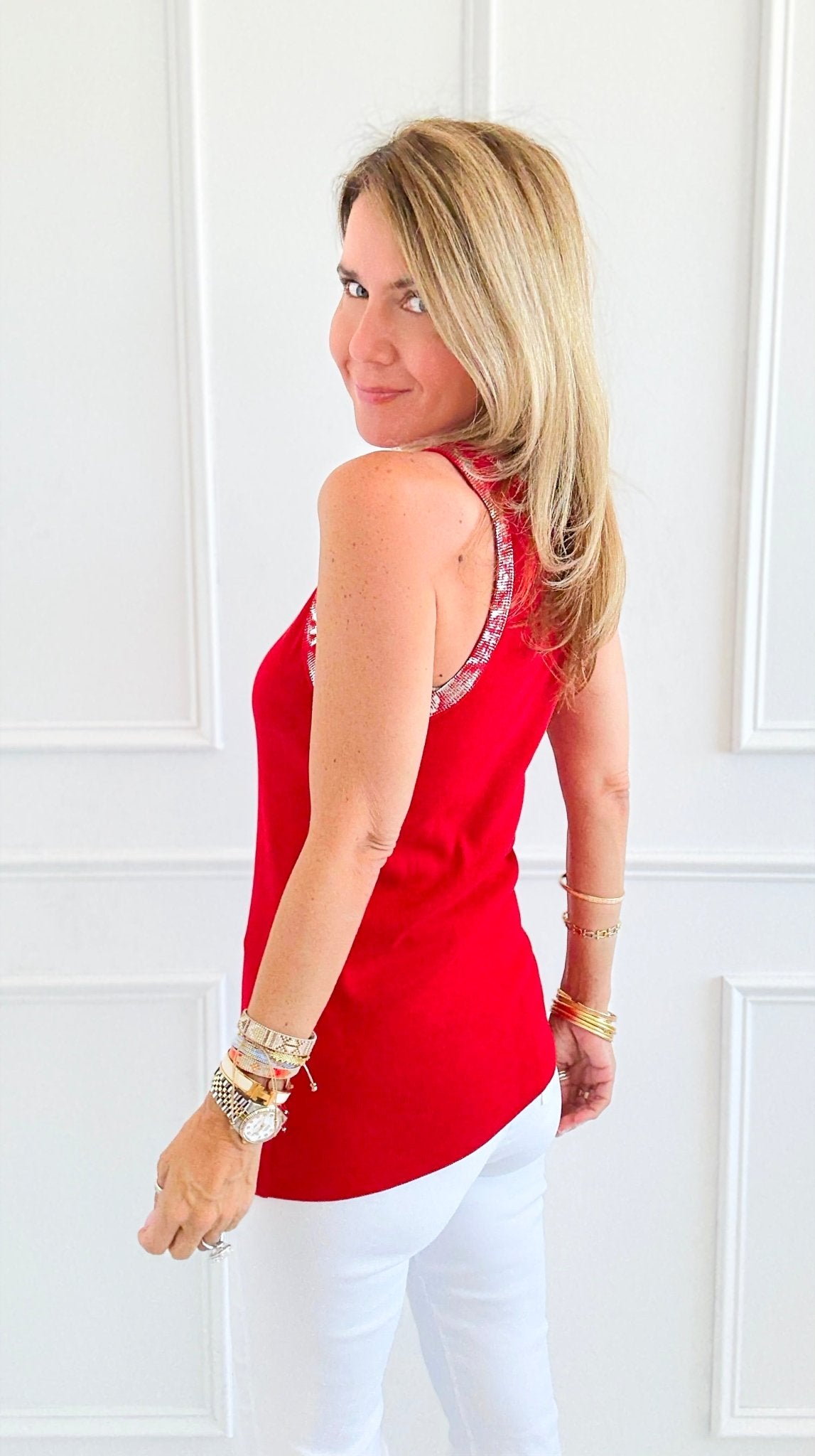 Metallic Foil Detailed Ribbed Italian Tank - Red/ Silver-100 Sleeveless Tops-Italianissimo-Coastal Bloom Boutique, find the trendiest versions of the popular styles and looks Located in Indialantic, FL