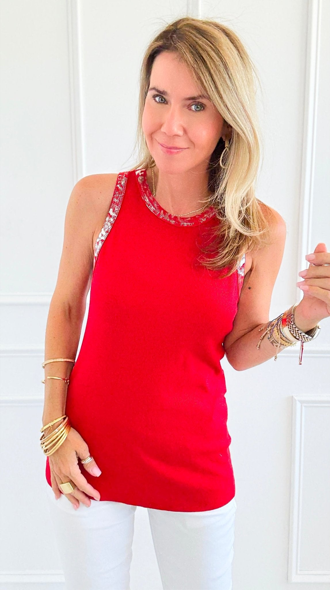 Metallic Foil Detailed Ribbed Italian Tank - Red/ Silver-100 Sleeveless Tops-Italianissimo-Coastal Bloom Boutique, find the trendiest versions of the popular styles and looks Located in Indialantic, FL