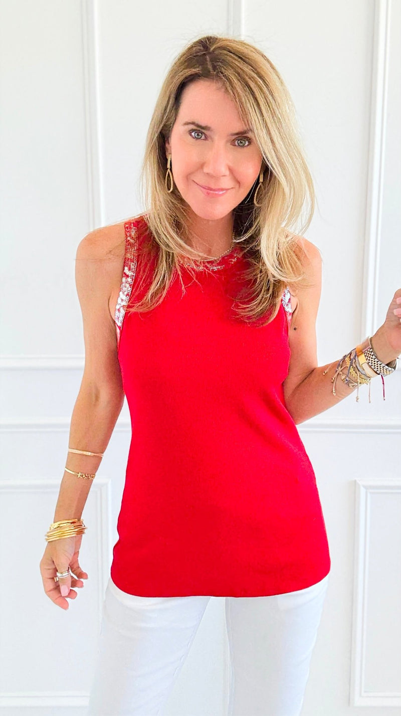 Metallic Foil Detailed Ribbed Italian Tank - Red/ Silver-100 Sleeveless Tops-Italianissimo-Coastal Bloom Boutique, find the trendiest versions of the popular styles and looks Located in Indialantic, FL