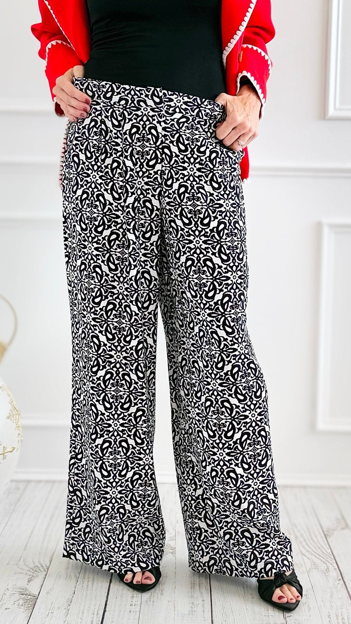 Midnight Bloom Wide Leg Pant - Black Tile-100 Pants-spin usa-Coastal Bloom Boutique, find the trendiest versions of the popular styles and looks Located in Indialantic, FL