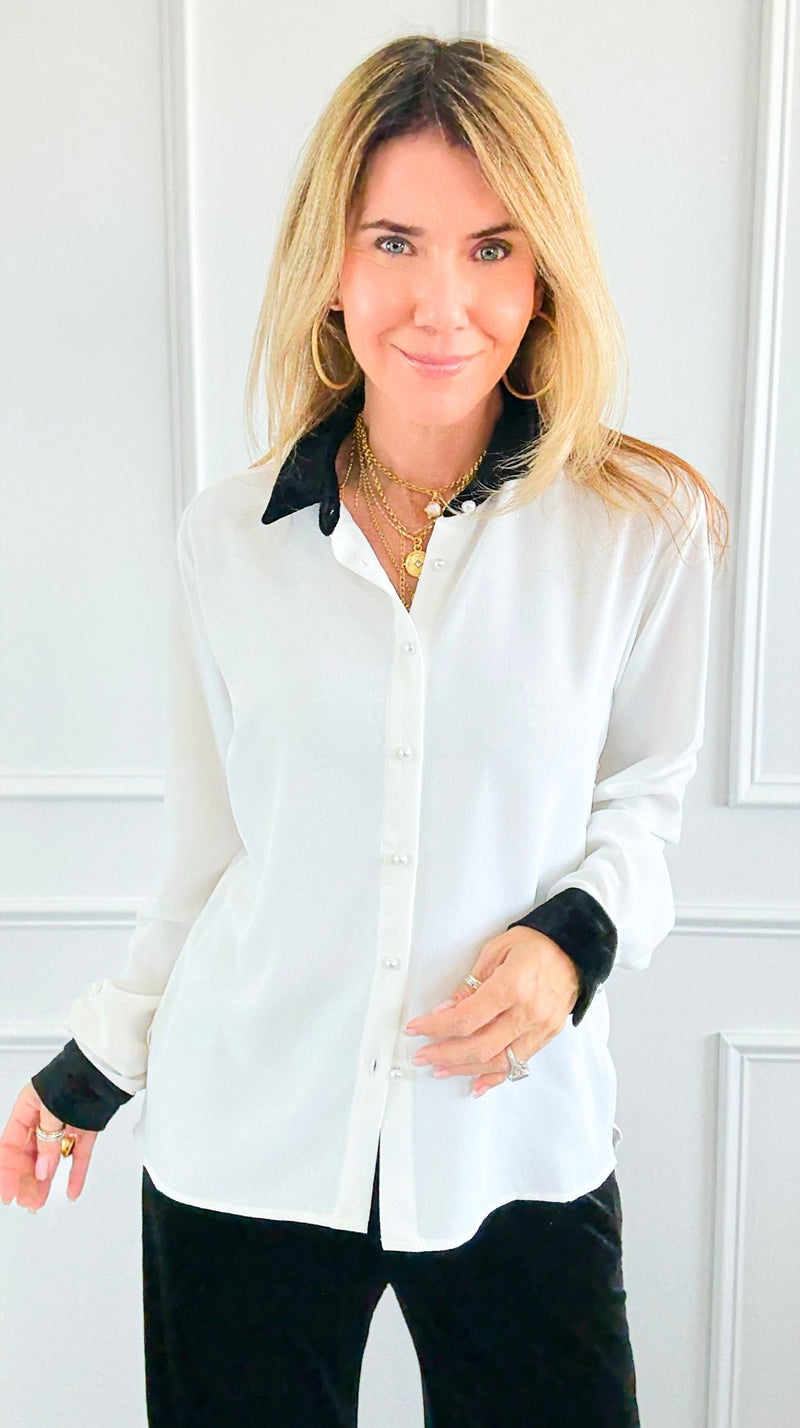 Midnight Contrast Button Down Top - Ivory Black-130 Long sleeve top-Must Have-Coastal Bloom Boutique, find the trendiest versions of the popular styles and looks Located in Indialantic, FL