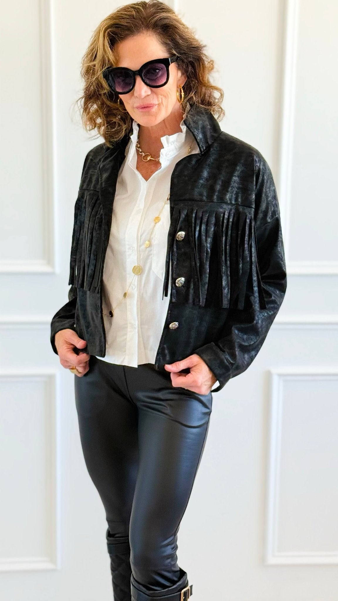 Midnight Fringe Italian Jacket-160 Jackets-AZUL MONACO-Coastal Bloom Boutique, find the trendiest versions of the popular styles and looks Located in Indialantic, FL