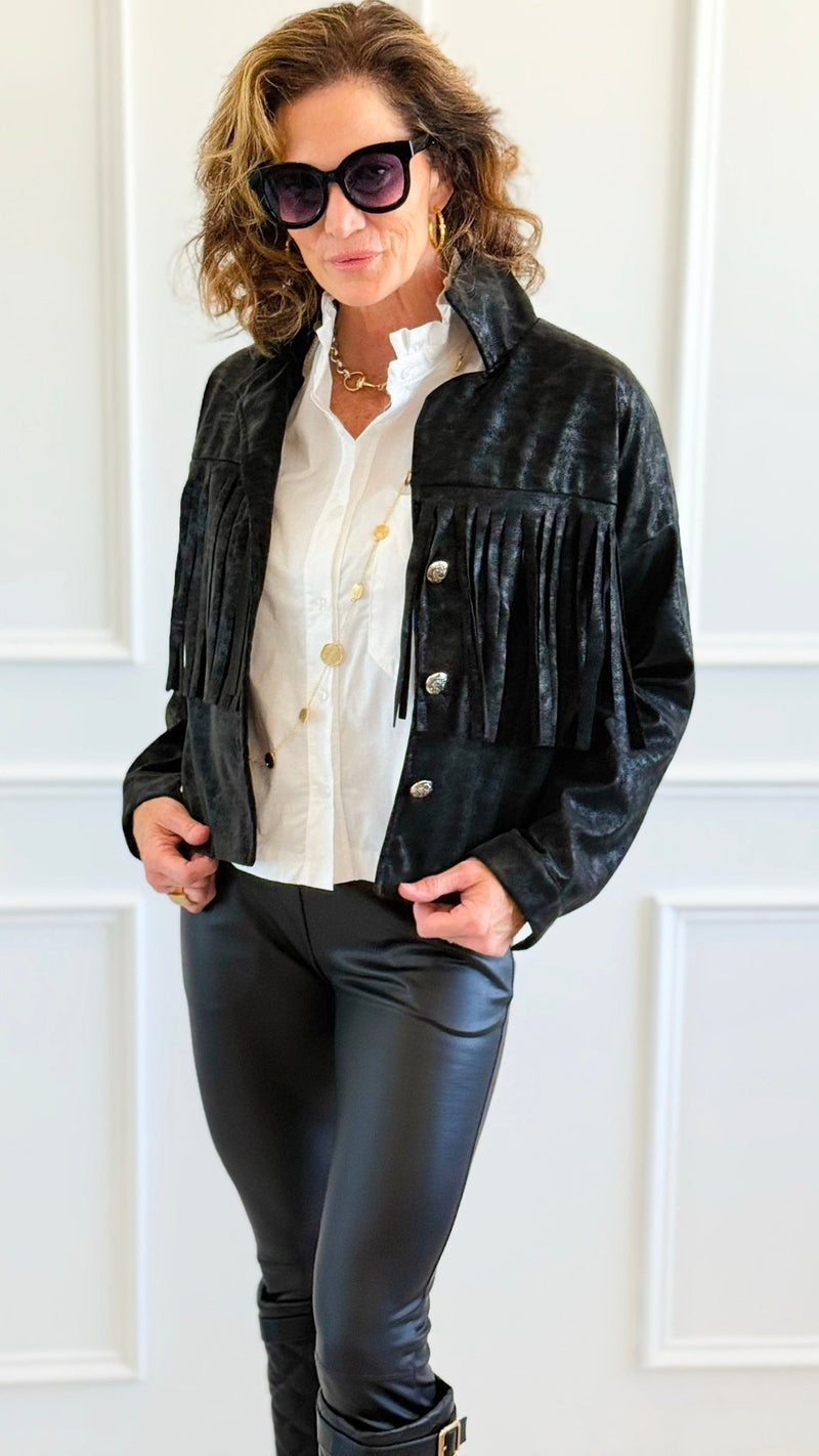 Midnight Fringe Italian Jacket-160 Jackets-AZUL MONACO-Coastal Bloom Boutique, find the trendiest versions of the popular styles and looks Located in Indialantic, FL