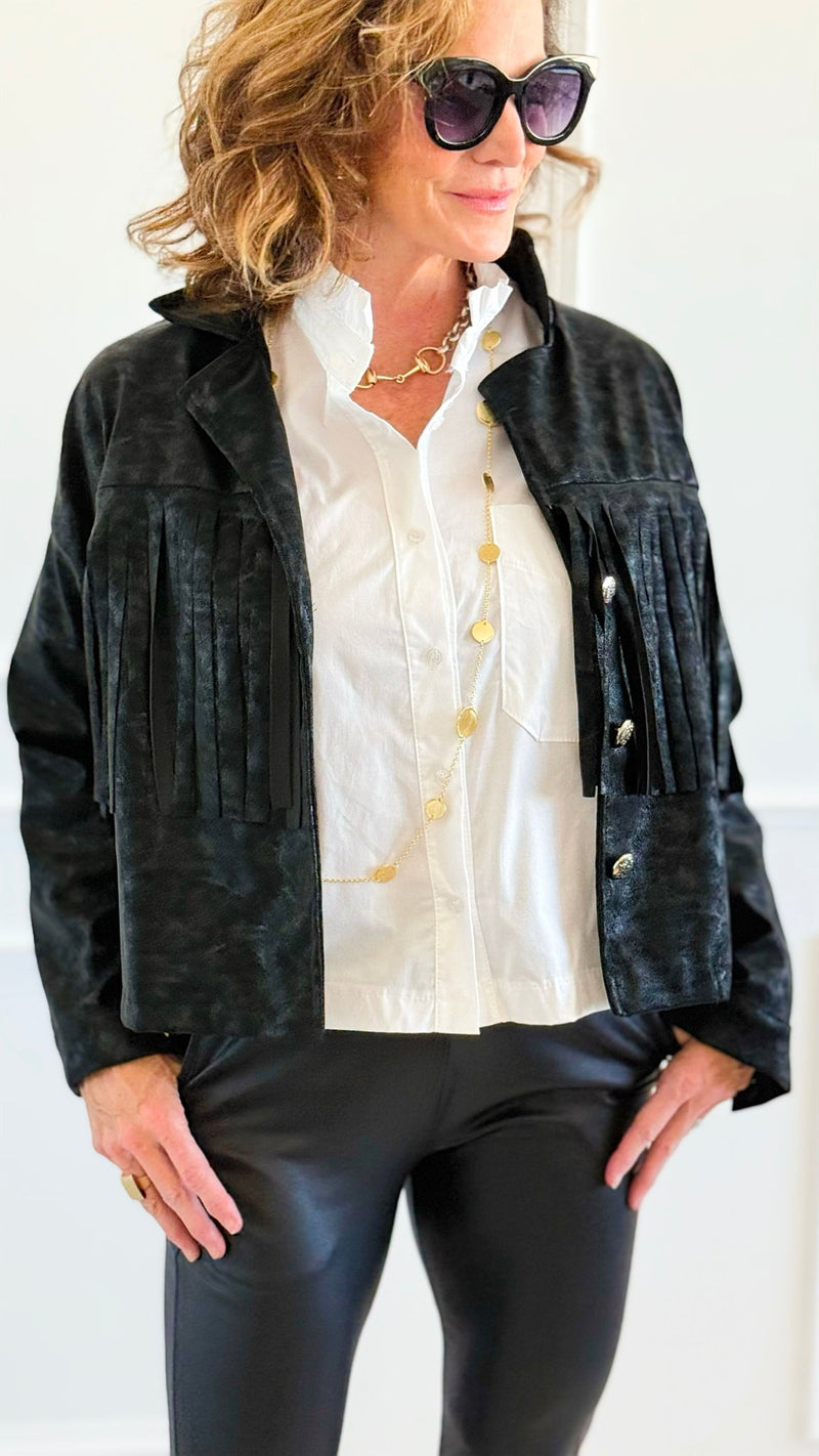 Midnight Fringe Italian Jacket-160 Jackets-AZUL MONACO-Coastal Bloom Boutique, find the trendiest versions of the popular styles and looks Located in Indialantic, FL