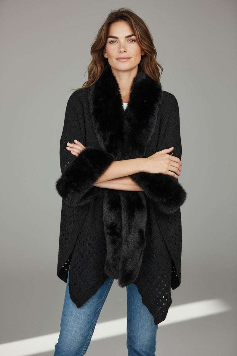 Midnight Luxe Faux Fur Knit Poncho-260 Other Accessories-NYW-Coastal Bloom Boutique, find the trendiest versions of the popular styles and looks Located in Indialantic, FL