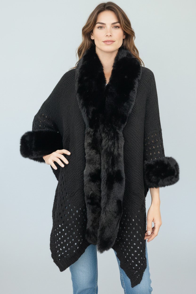 Midnight Luxe Faux Fur Knit Poncho-260 Other Accessories-NYW-Coastal Bloom Boutique, find the trendiest versions of the popular styles and looks Located in Indialantic, FL