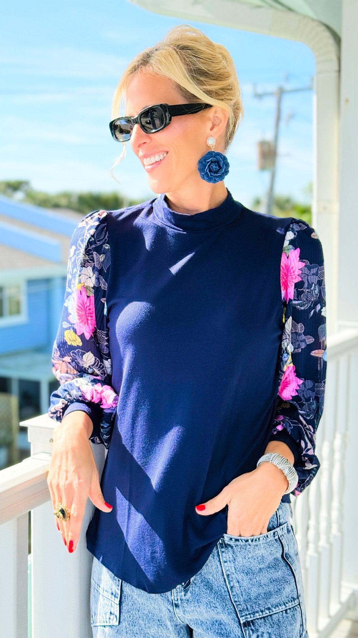 Midnight Sonata Floral Sleeve Knit Top-110 Long Sleeve Tops-simi bloom-Coastal Bloom Boutique, find the trendiest versions of the popular styles and looks Located in Indialantic, FL