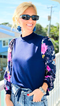 Midnight Sonata Floral Sleeve Knit Top-110 Long Sleeve Tops-simi bloom-Coastal Bloom Boutique, find the trendiest versions of the popular styles and looks Located in Indialantic, FL