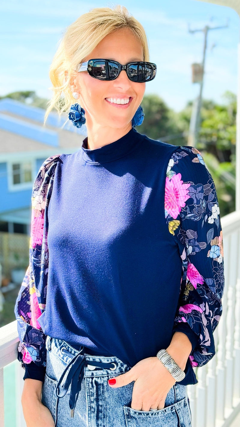 Midnight Sonata Floral Sleeve Knit Top-110 Long Sleeve Tops-simi bloom-Coastal Bloom Boutique, find the trendiest versions of the popular styles and looks Located in Indialantic, FL