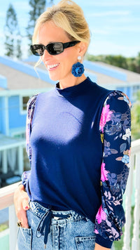 Midnight Sonata Floral Sleeve Knit Top-110 Long Sleeve Tops-simi bloom-Coastal Bloom Boutique, find the trendiest versions of the popular styles and looks Located in Indialantic, FL