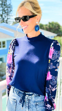 Midnight Sonata Floral Sleeve Knit Top-110 Long Sleeve Tops-simi bloom-Coastal Bloom Boutique, find the trendiest versions of the popular styles and looks Located in Indialantic, FL
