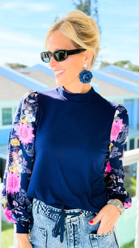 Midnight Sonata Floral Sleeve Knit Top-110 Long Sleeve Tops-simi bloom-Coastal Bloom Boutique, find the trendiest versions of the popular styles and looks Located in Indialantic, FL