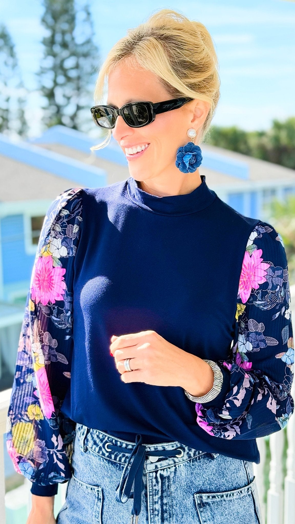 Midnight Sonata Floral Sleeve Knit Top-110 Long Sleeve Tops-simi bloom-Coastal Bloom Boutique, find the trendiest versions of the popular styles and looks Located in Indialantic, FL