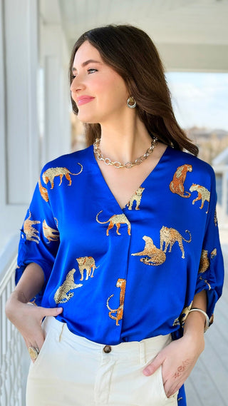 Midnight Tropic V-Neck Top -  Royal Blue