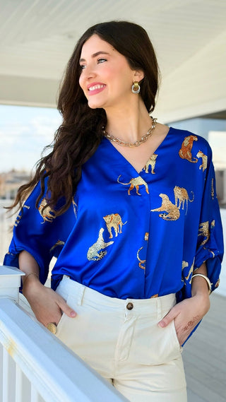 Midnight Tropic V-Neck Top -  Royal Blue