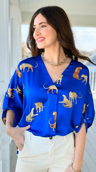 Midnight Tropic V-Neck Top -  Royal Blue