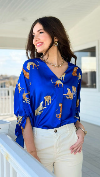 Midnight Tropic V-Neck Top -  Royal Blue