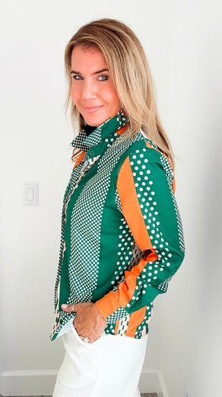Mixed Dot Stripe Button Blouse Top