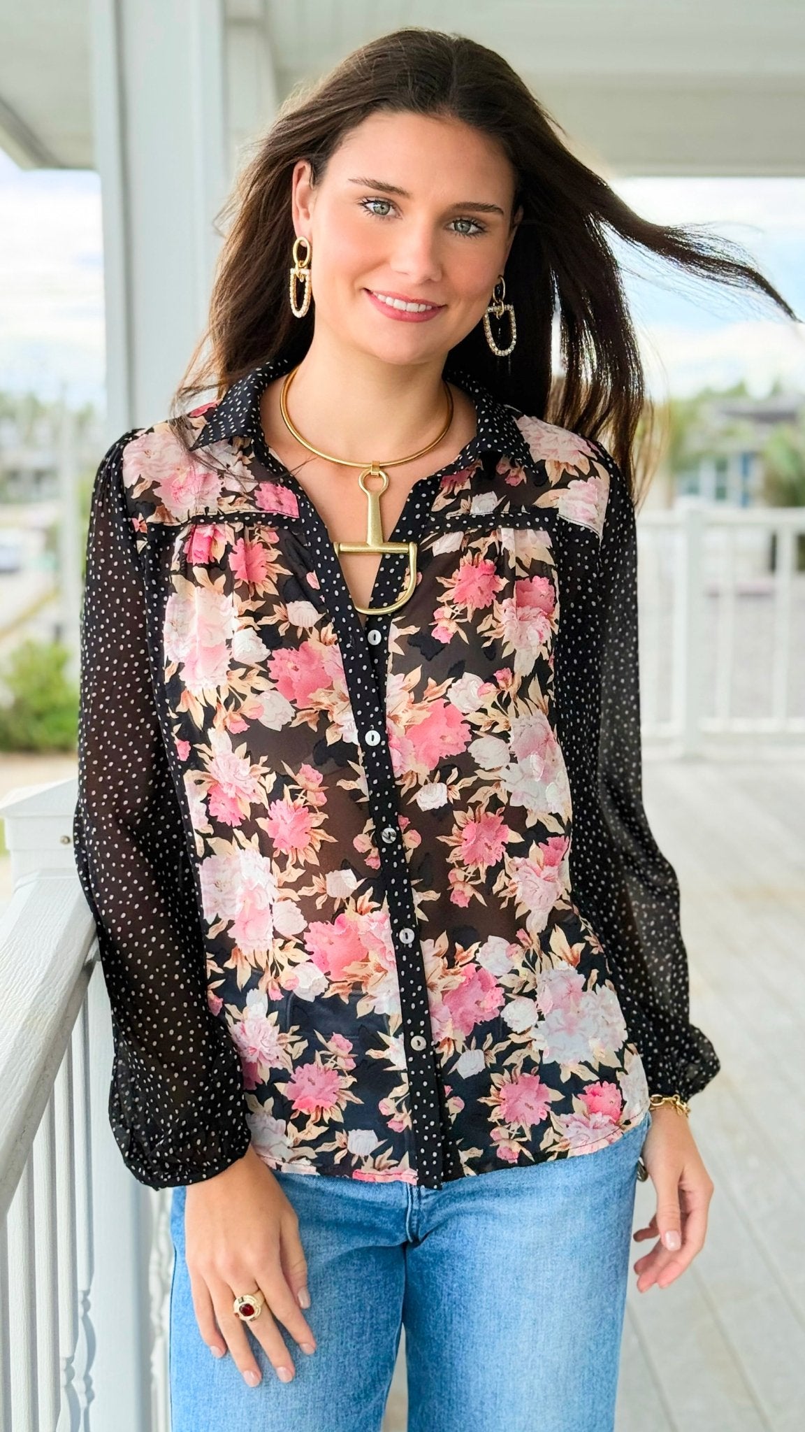 Mixed Print Button Down Top