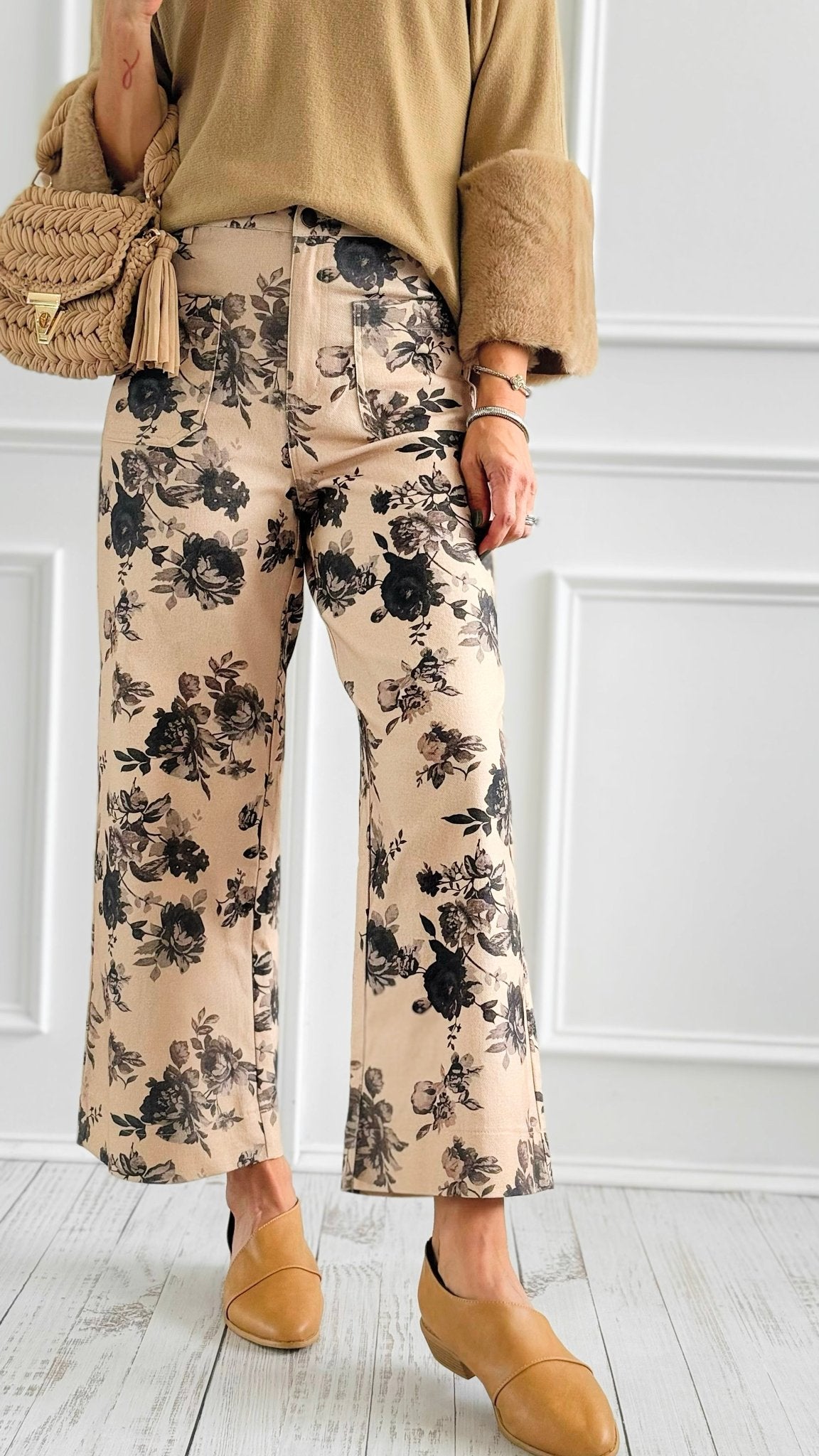 Monochrome Floral Pants-Pants-ENTRO-Coastal Bloom Boutique, find the trendiest versions of the popular styles and looks Located in Indialantic, FL