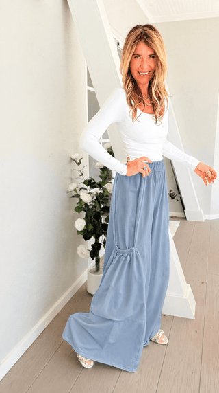 Moon Big Pocket Italian Pants- Dusty Blue