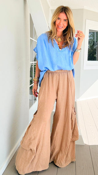 Moon Big Pocket Linen Italian Pants- Camel