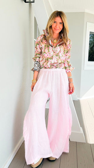 Moon Big Pocket Linen Italian Pants- Pink