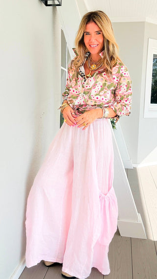 Moon Big Pocket Linen Italian Pants- Pink