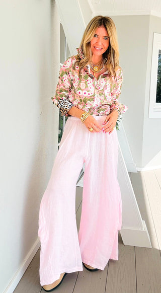 Moon Big Pocket Linen Italian Pants- Pink