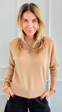 Neon Detail Italian Pullover- Camel/Pink-140 Sweaters-Max & D-Coastal Bloom Boutique, find the trendiest versions of the popular styles and looks Located in Indialantic, FL