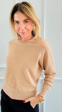 Neon Detail Italian Pullover- Camel/Pink-140 Sweaters-Max & D-Coastal Bloom Boutique, find the trendiest versions of the popular styles and looks Located in Indialantic, FL