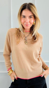 Neon Detail Italian Pullover- Camel/Pink-140 Sweaters-Max & D-Coastal Bloom Boutique, find the trendiest versions of the popular styles and looks Located in Indialantic, FL