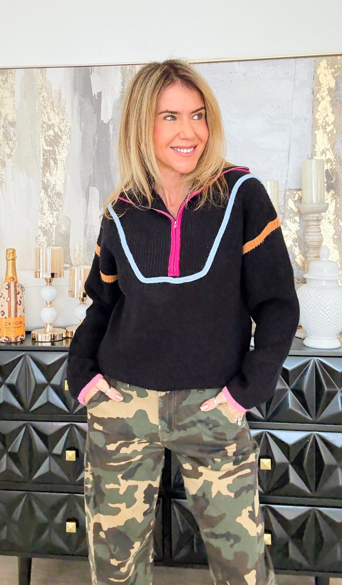 Neon Trim Half-Zip Sweater-140 Sweaters-Anniewear-Coastal Bloom Boutique, find the trendiest versions of the popular styles and looks Located in Indialantic, FL