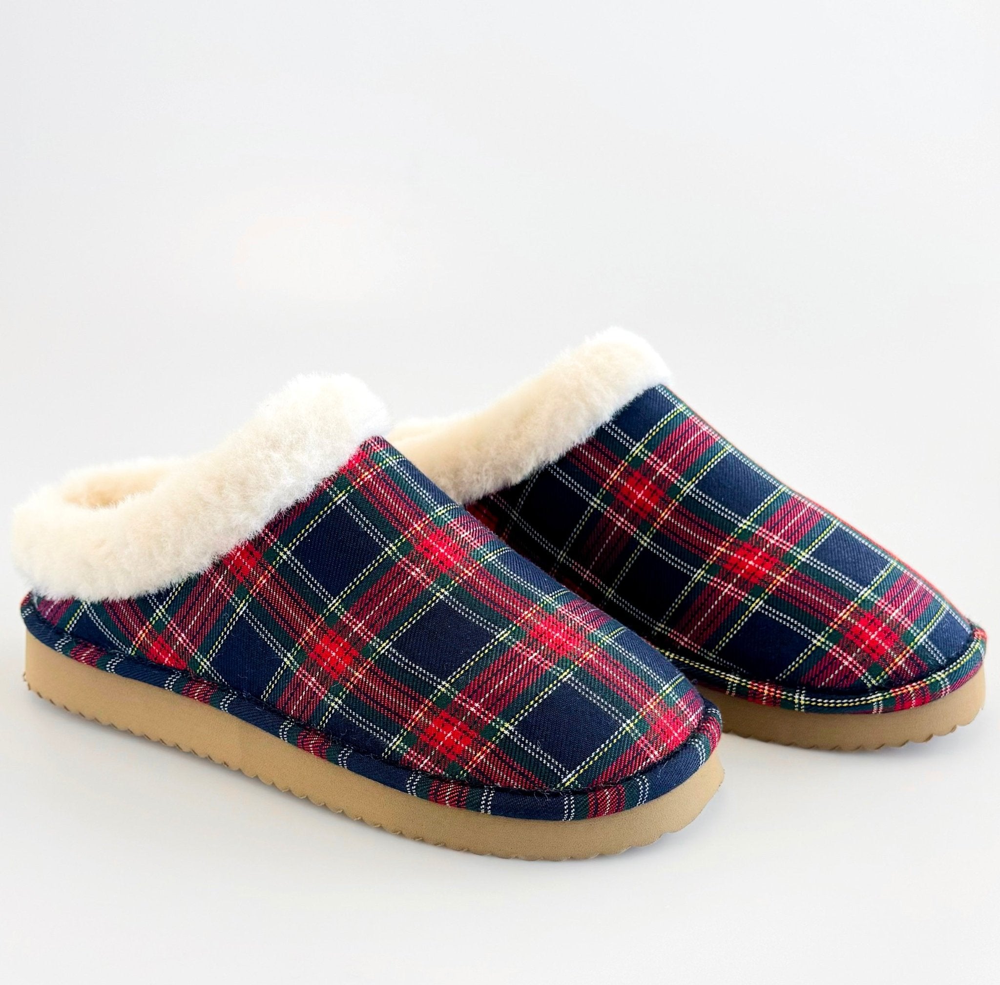 No Box - Plaid Sherpa-Lined Slippers - Navy-250 Shoes-Corkys-Coastal Bloom Boutique, find the trendiest versions of the popular styles and looks Located in Indialantic, FL